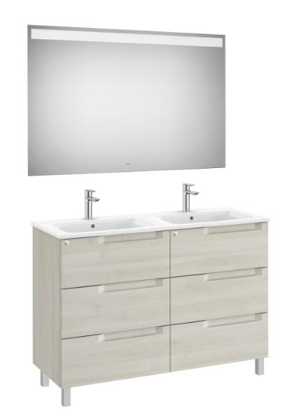 Imagen de PACK, MUEBLE LAVABO Y ESPEJO, MODELO ALEYDA 6 CAJONES  ACABADO BLANCO MADERA Y LAVABO DOBLE. MEDIDA 1200X460