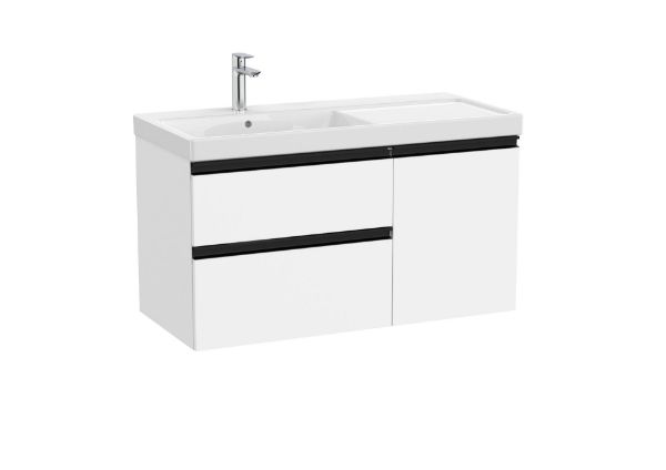 A851968509 UNIK,  MUEBLE Y LAVABO PLUS,  MODELO GAP 2 CAJONES  y 1 PUERTA CON LAVABO DESPLAZADO A LA IZQUIERDA ACABADO BLANCO MATE. MEDIDA 1000X460