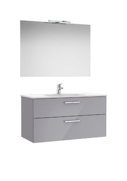 Imagen de PACK, MUEBLE LAVABO Y ESPEJO, MODELO VICTORIA 2 CAJONES  ACABADO GRIS BRILLO Y LAVABO CENTRADO . MEDIDA 1000X453